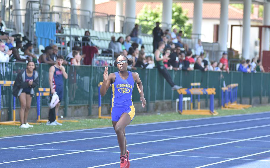 Sigonella's Rickalia Goss swept the girls sprints and also won the long jump Saturday, April 29, 2023, at a DODEA-Europe track meet in Pordenone, Italy.