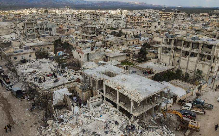 Buildings lie in ruins in Jindires, Syria, on Feb. 10 after a catastrophic earthquake that killed tens of thousands in that country and neighboring Turkey. 