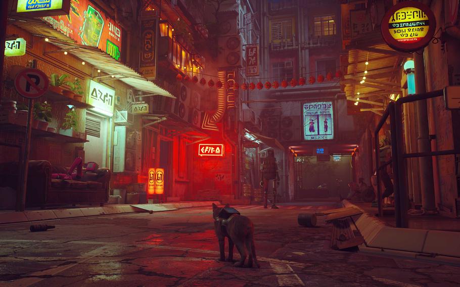 Explore a sci-fi dystopian city as a cat in Stray.