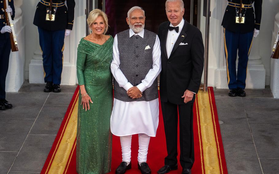 President Joe Biden and first lady Jill Biden greet Indian Prime Minister Narendra Modi as he arrives at the White House during Modi’s state visit in June 2023. The two sides announced joint Open RAN field trials backed by financing from the U.S. International Development Finance Corporation during Modi’s trip.