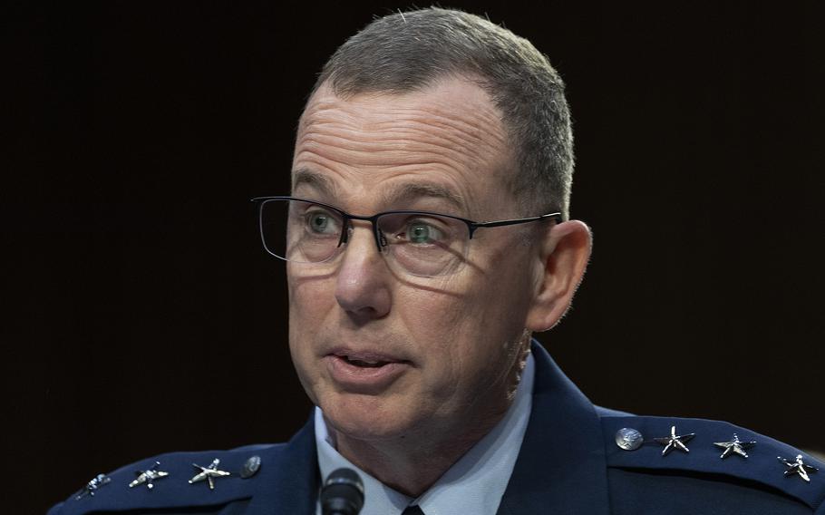 Air Force Lt. Gen. Gregory M. Guillot speaks July 26, 2023, at his Senate Armed Services Committee confirmation hearing on Capitol Hill about his nomination as commander of U.S. Northern Command and North American Aerospace Defense Command.
