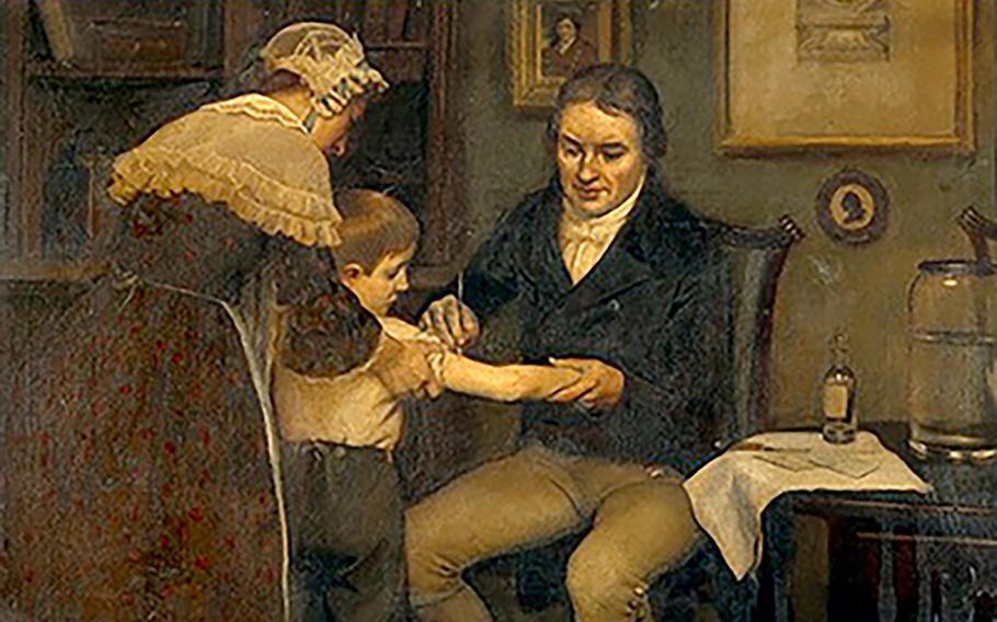 An illustration shows Edward Jenner performing his first vaccination on James Phipps, age 8, on May 14, 1796. 