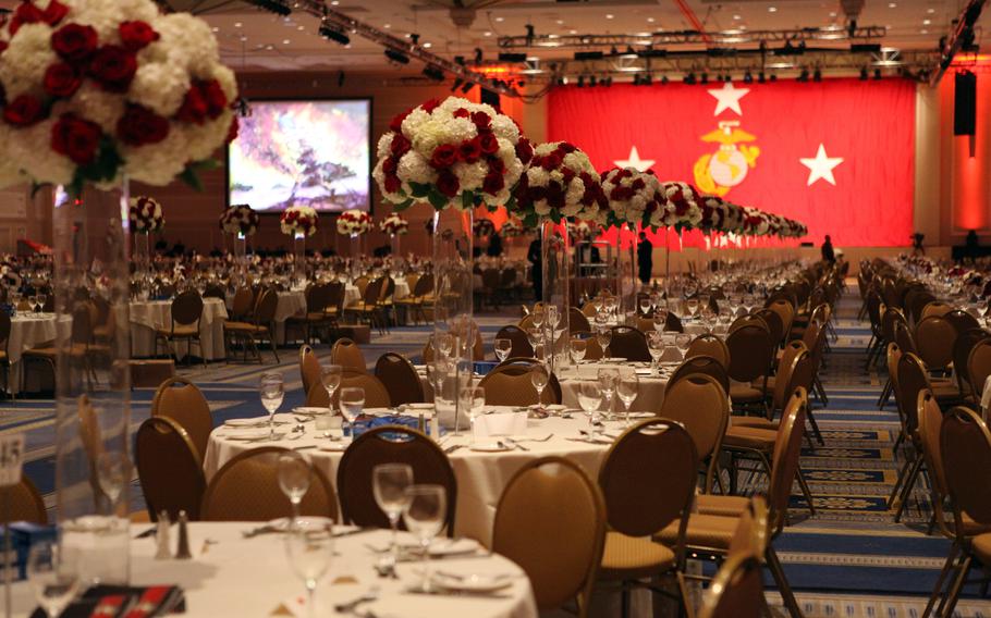 A reception room at the Gaylord National Resort & Convention Center in National Harbor, Md., is decorated for the commandant's Marine Corps birthday ball in 2012.