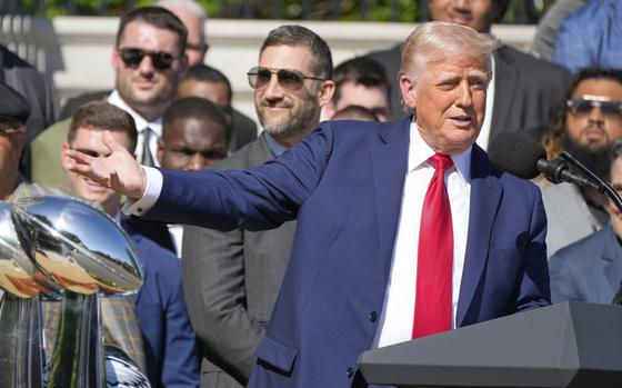 President Donald Trump speaks as he welcomes the Super Bowl champion Philadelphia Eagles NFL football team to the South Lawn of the White House, Monday, April 28, 2025, in Washington. (AP Photo/Mark Schiefelbein)