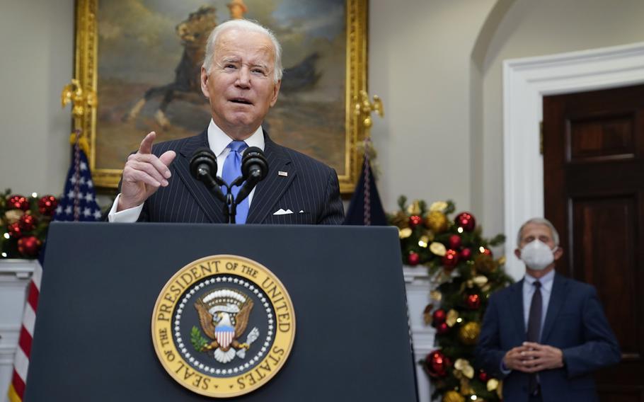 President Joe Biden speaks about the COVID-19 variant omicron in the Roosevelt Room of the White House, Monday, Nov. 29, 2021, in Washington.