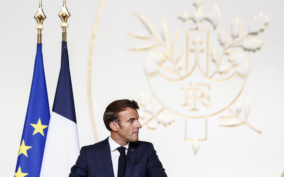 French President Emmanuel Macron speaks during a conference at the Elysee Palace in Paris, on Sept.1, 2022. 