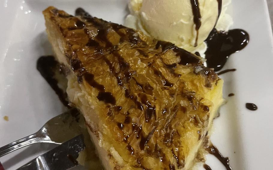 Pallas Greek restaurant offers four desserts, including galaktoburiko, a custard-filled pastry served with vanilla ice cream.