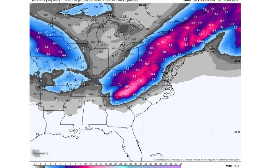 The American GFS model simulates how much snow may fall with the upcoming system.