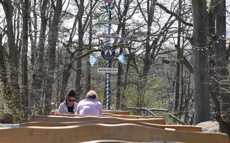 Trees surround the Peters Alm beer garden in Homburg, Germany, which is situated on a hill overlooking Lake Jaegersburg. It’s open seven days a week.