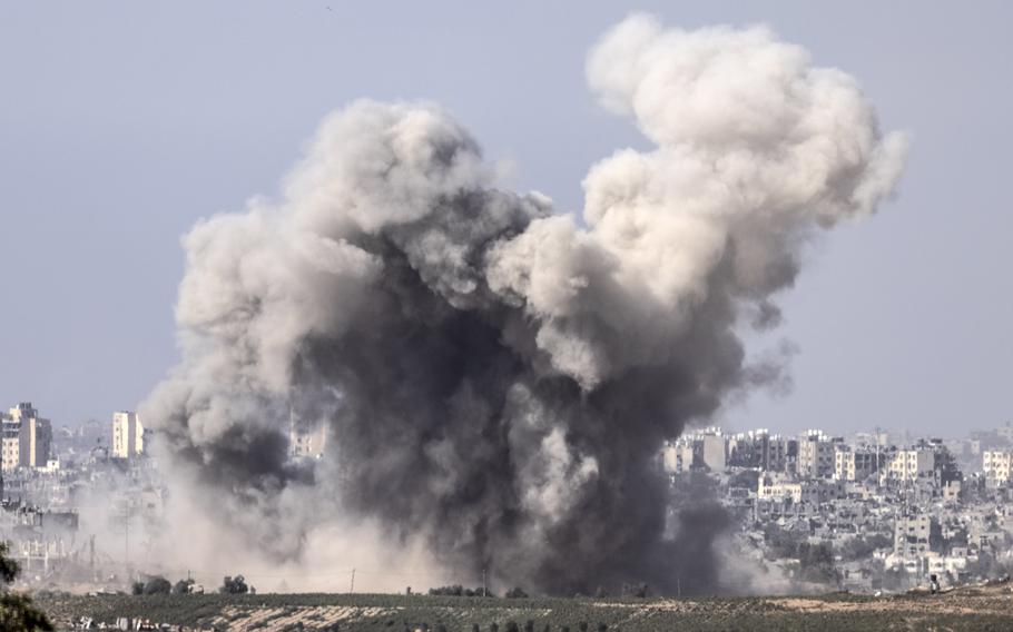 An Israeli strike on Beit Hanoun in Gaza on Monday, Nov. 6, 2023.