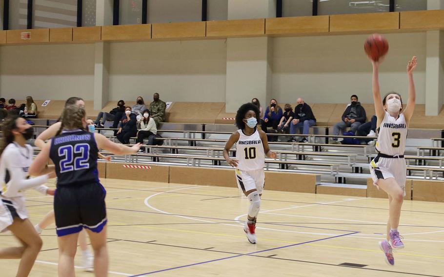 Ansbach's Trinity Batin goes for a layup during a game against Brussels at Ansbach, Germany, on Friday, Feb. 4, 2022.