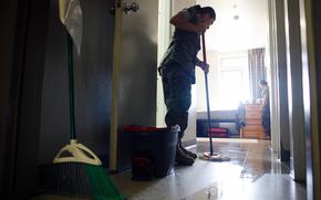 U.S. Marine Corps Pfc. Emily Laragonzalez, a network administrator, and Pfc. Nayeli Dominguez, a transmissions systems operator and New York native, both assigned to 9th Communication Battalion, I Marine Expeditionary Force Information Group, clean their room during Operation Clean Sweep II at Marine Corps Base Camp Pendleton, California, April 10, 2025. Part of the larger Barracks 360 Reset initiative, Operation Clean Sweep II builds upon the success of the first iteration by sustaining improved barracks conditions and further transforming I MEF’s organizational culture by reinvesting our time, resources, training and efforts into the barracks. (U.S. Marine Corps photo by Lance Cpl. Luke Rodriguez)