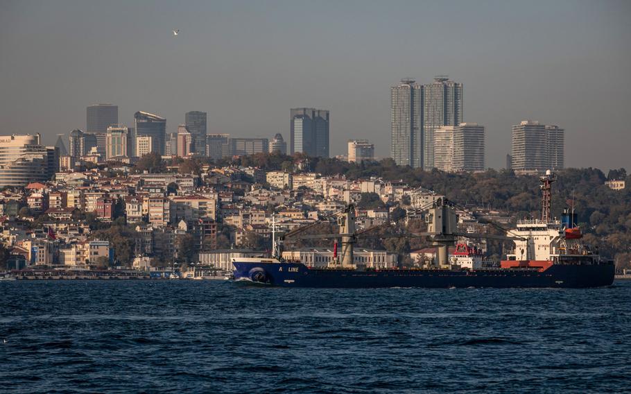 The A-Line dry bulk cargo vessel, carrying Ukrainian wheat bound for Turkey, on the Bosporus Strait in Istanbul on Nov. 2, 2022. 