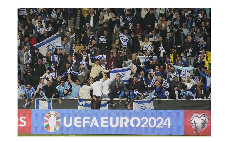 Israel supporters cheer during the Euro 2024 qualifying play-off soccer match between Israel and Iceland, at Szusza Ferenc Stadium in Budapest, Hungary, on March 21, 2024. 