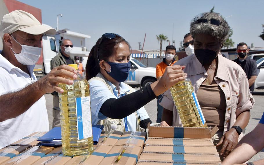 Linda Thomas-Greenfield, U.S. Ambassador to the United Nations, examines aid materials at the Bab al-Hawa border crossing between Turkey and Syria, on June 3, 2021.