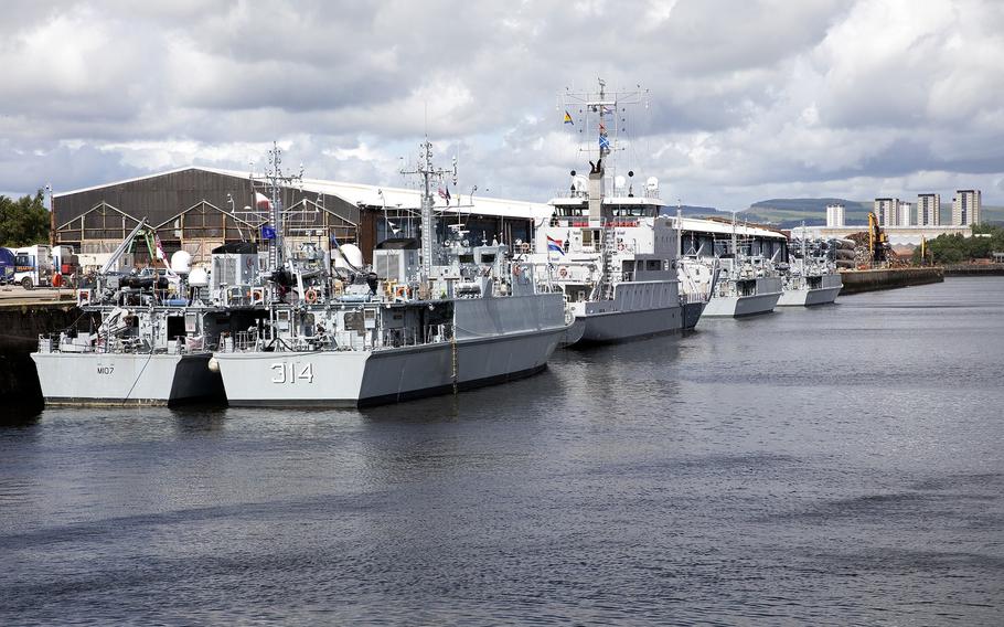 Ships participating in the annual Black Sea-focused exercise Sea Breeze sit in port in Glasgow, Scotland, on June 26, 2023.