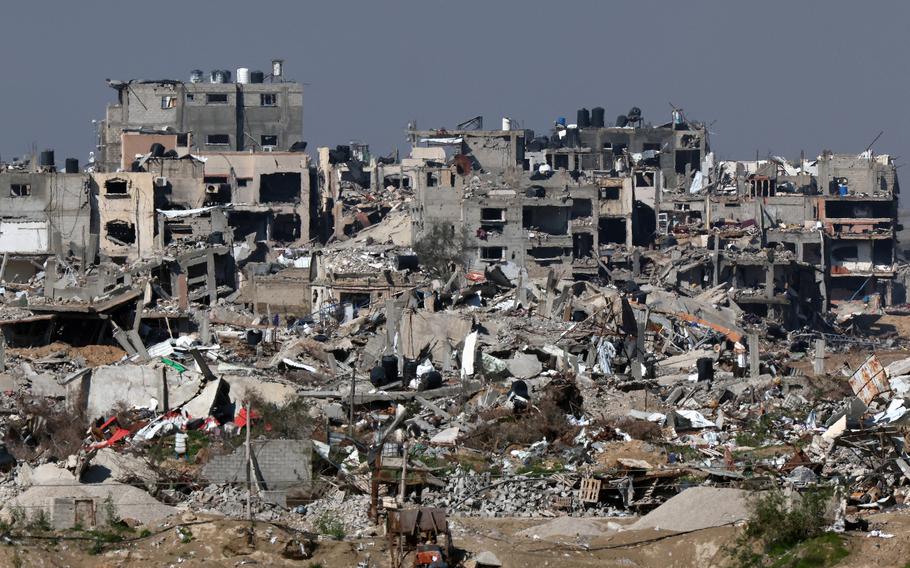 A view from southern Israel shows destroyed buildings in the Gaza Strip on Feb. 7, 2024, amid ongoing battles between Israel and the Palestinian militant group Hamas. 