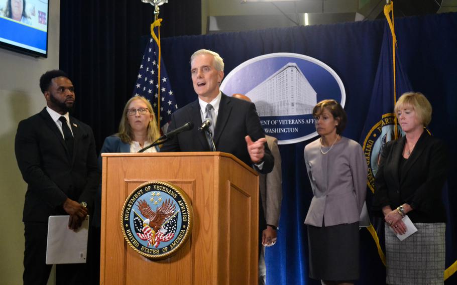 Department of Veterans Affairs Secretary Denis McDonough at the agency’s monthly news conference on Oct. 25, 2022. McDonough said the VA received more than 100,000 claims under the PACT Act, and the agency will begin toxic exposure screenings for all veterans enrolled in the VA system.