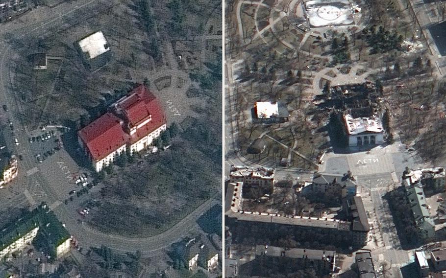 At left, a satellite image shows the Mariupol Drama Theater in Ukraine on March 14, 2022. At right, a satellite image shows the aftermath of the airstrike on the theater on March 19.