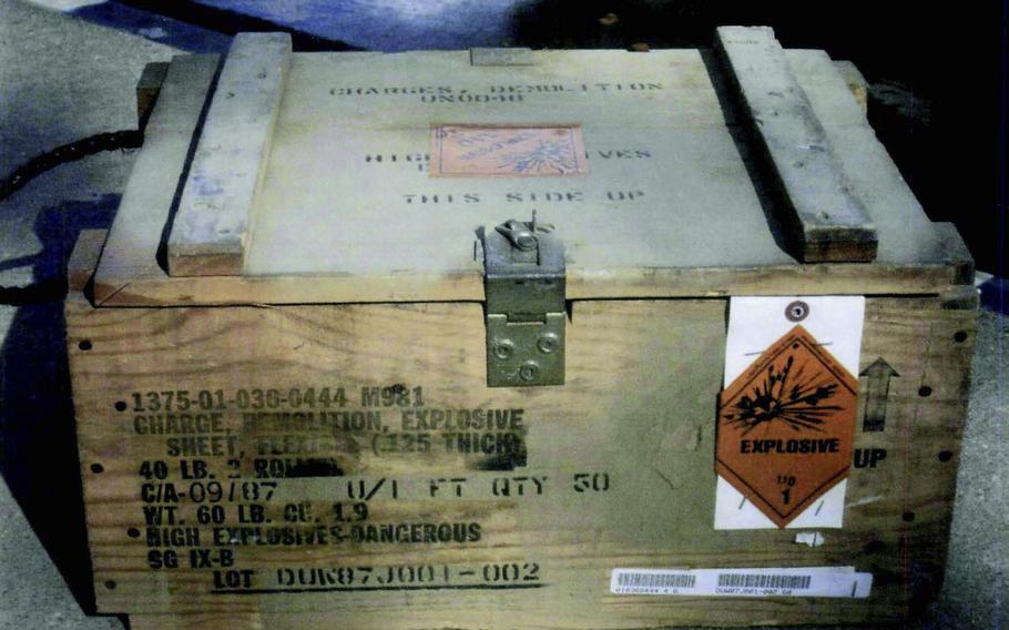 A crate containing stolen military explosives is shown on Nov. 5, 2010, in Quantico, Va. 