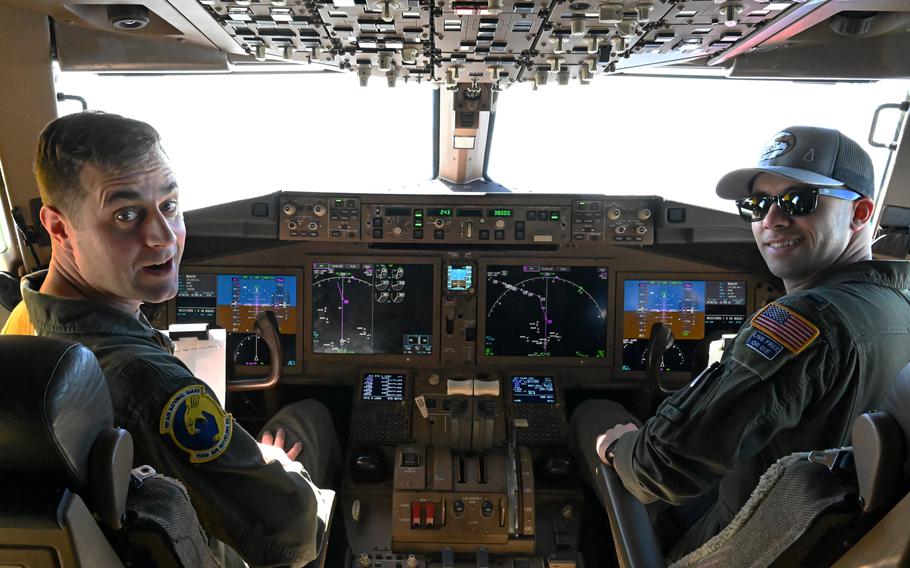 Maj. Luke Huebener, left, and 1st Lt. Taylor DiRocco of the 157th Air Refueling Wing pilot a KC-46 Pegasus from Pease Air National Guard Base to El Salvador on Feb. 16, 2024, for a State Partnership Program visit. 