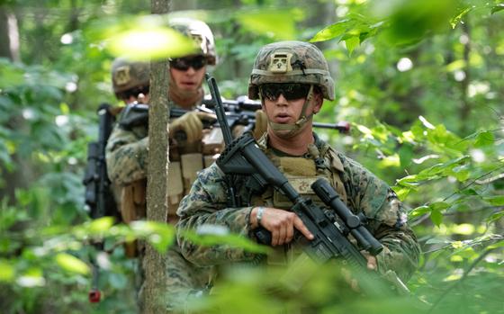 Marines in camouflage combat gear and holding weapons walk through dense forest during a training exercise.
