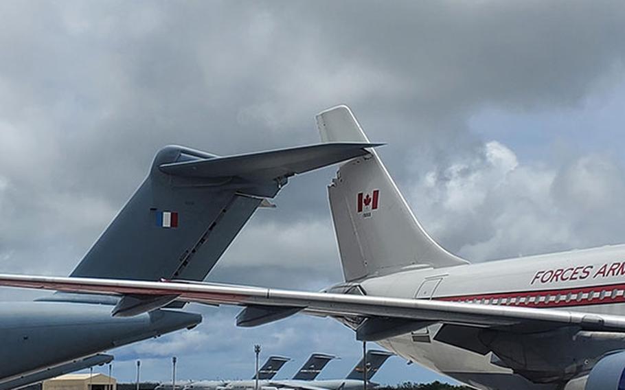 A Canadian Airbus CC-150 Polaris collided with a French Airbus A400M Atlas at Andersen Air Force Base, Guam, on July 22, 2023, leaving visible damage to the two planes' tails. 