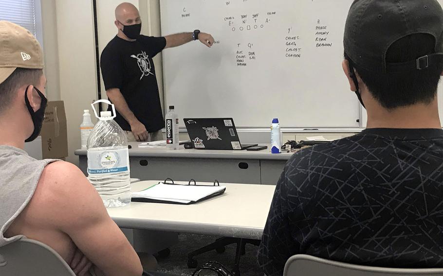 Zama coach Scott Bolin goes over the Trojans' depth chart during Thursday's chalk talk.