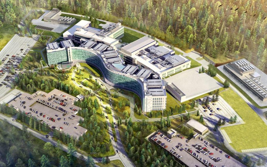 An artist's rendition gives a preview of the Rhine Ordnance Barracks Medical Center in Weilerbach, Germany. The illustration highlights distinctive features, including an expansive glass facade evoking a waving flag and green spaces that, according to planners, aim to enhance patient comfort. 