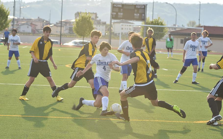Rota's Zeppelin Hasselbring and Vicenza's Colin Freeze battle for the ball in the Cougars' 5-3 victory on Friday, April 29, 2022.