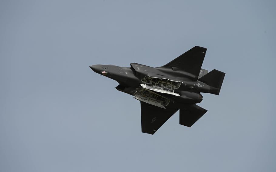 A U.S. Air Force F-35 Lightning II performs during the Thunder Over the Rock Air Show at Little Rock Air Force Base, Ark., Oct. 21, 2023. 