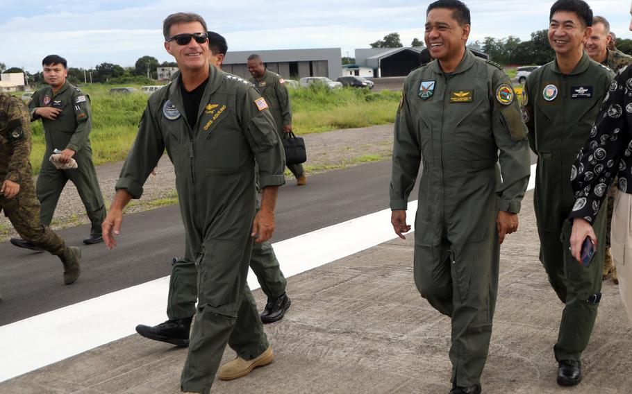 Adm. John Aquilino, left, head of U.S. Indo-Pacific Command, and the Philippines' military chief, Lt. Gen. Romeo Brawner, recently visited three sites being developed to support U.S. forces in the Philippines.