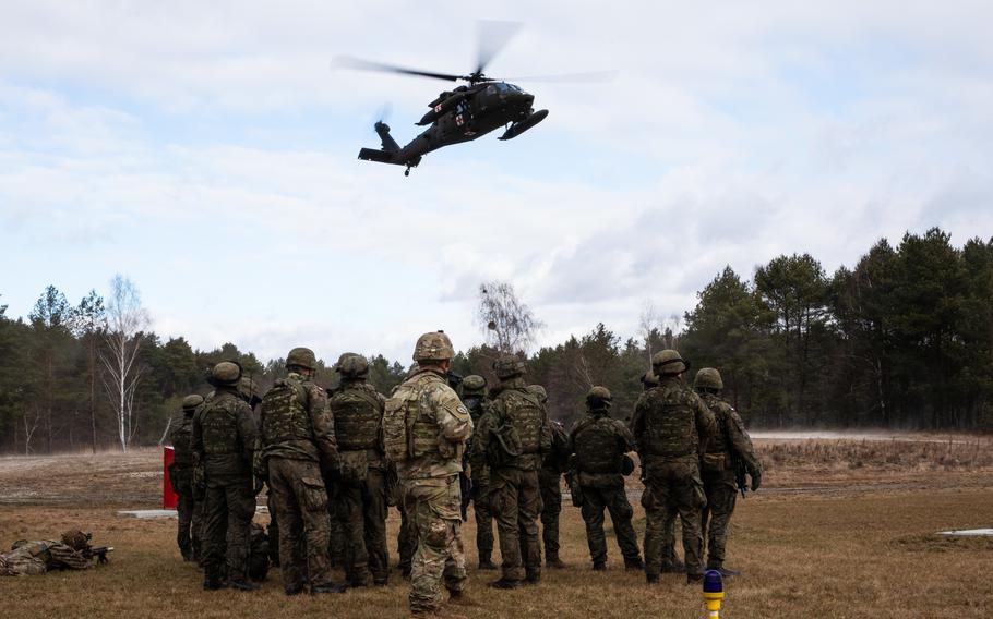 Paratroopers assigned to Troop B, 5-73 Cavalry Regiment, 3rd Brigade Combat Team, 82nd Airborne Division train alongside Polish troops assigned to the 21st Rifle Brigade as part of a combined training event on Feb. 22, 2022, at Nowa Deba, Poland. The training event allowed the allies to get to know each other’s equipment, capabilities and tactics to enhance readiness and strengthen NATO forces.