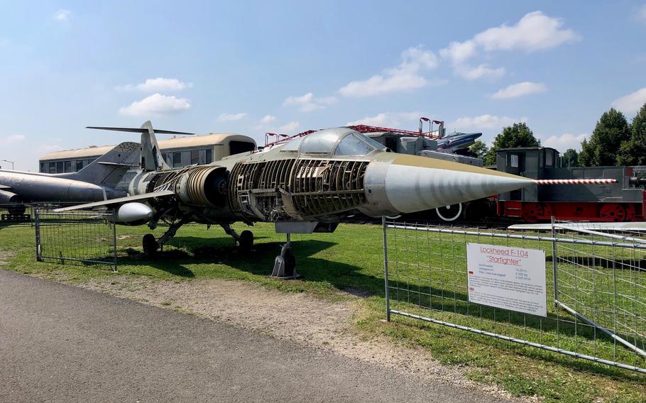 An unusual view of a stripped down Lockheed F-104 Starfighter fighter jet operated by the German Air Force during the Cold War, at the Technik Museum Speyer in Germany.