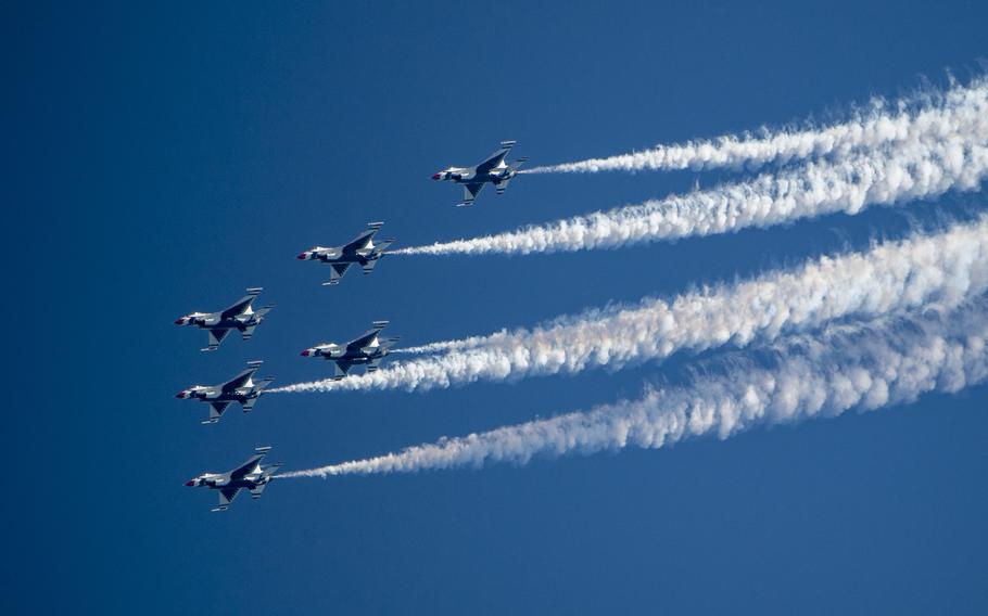 The U.S. Air Force Air Demonstration Squadron "Thunderbirds" perform at the OC Air Show in Ocean City, MD, June 16, 2018. 