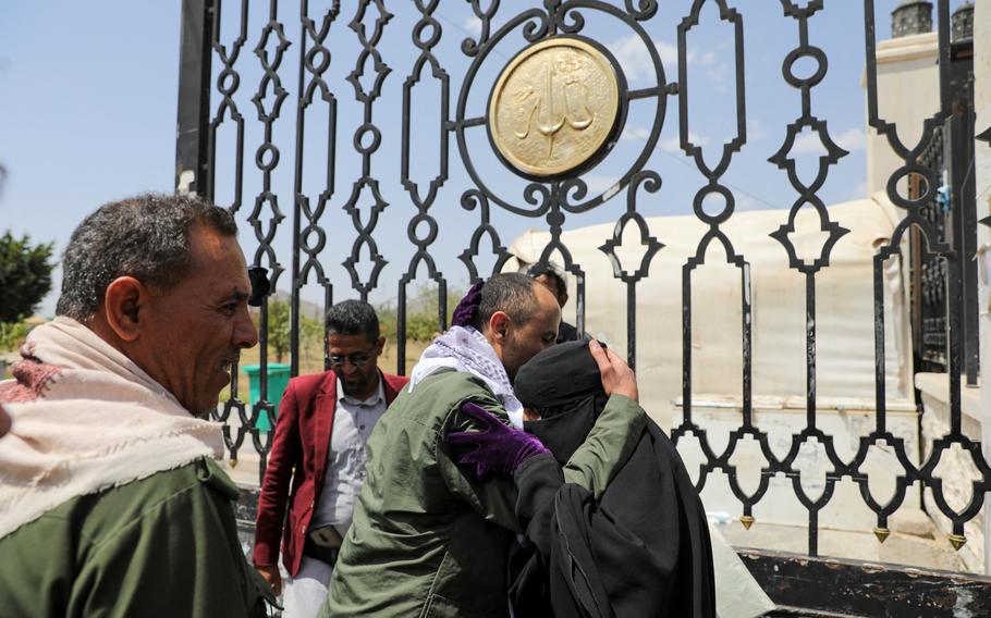A released prisoner embraces his mother after being released by the Houthis in Sanaa, Yemen, May 26, 2024. 
