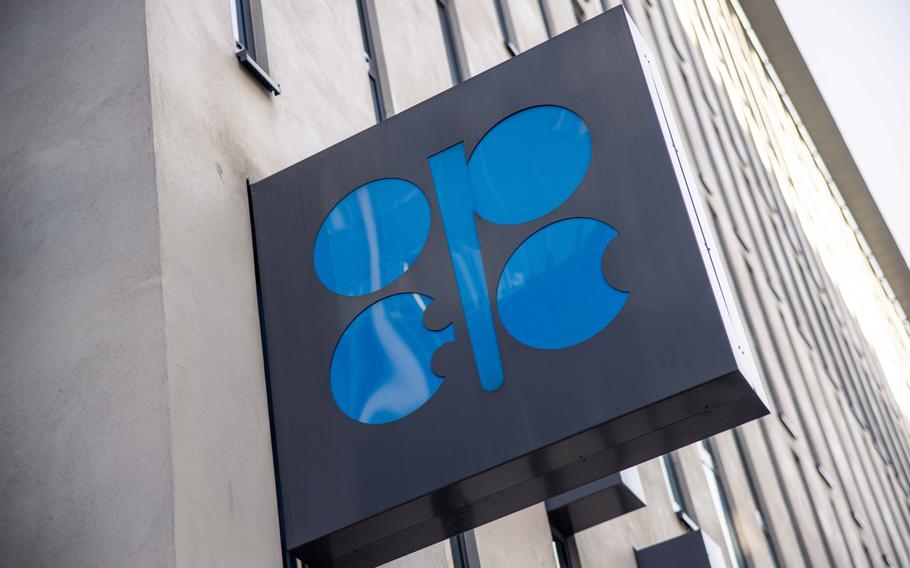 The logo of the Organization of Petroleum Exporting Countries (OPEC) on a sign at at the OPEC headquarters in Vienna on Aug. 17, 2022. 
