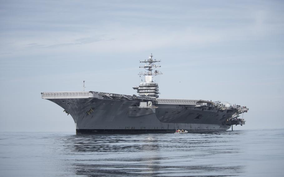 The aircraft carrier USS Dwight D. Eisenhower shown here in the Atlantic Ocean in August 2017. The Eisenhower could be deployed to the eastern Mediterranean, a defense official said Tuesday, Oct. 10, 2023, in response to the fighting between Israeli forces and Hamas terrorists.