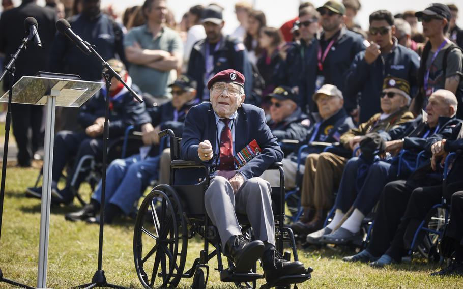 British World War II veteran Bill Gladden attends a ceremony outside the Pegasus Bridge memorial in Benouville, Normandy, Monday June 5, 2023. Gladden, one of the dwindling number of veterans who took part in the landings that kicked off the campaign to liberate Western Europe from the Nazis during World War II, died Wednesday, April 24, 2024. He was 100. 