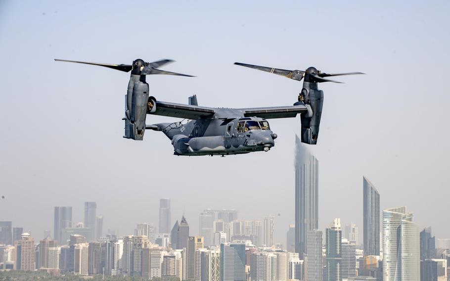 An Air Force CV-22 Osprey assigned to the 8th Expeditionary Special Operations Squadron flies around Abu Dhabi, United Arab Emirates, Sept. 16, 2021.  U.S. Central Command has troops stationed or deployed from Egypt in the west to Kazakhstan in the east.