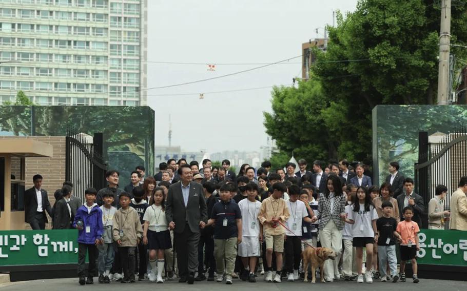 South Korean President Yoon Suk Yeol and first lady Kim Keon Hee attend the opening of Yongsan Children's Garden in Seoul, South Korea, May 4, 2023.