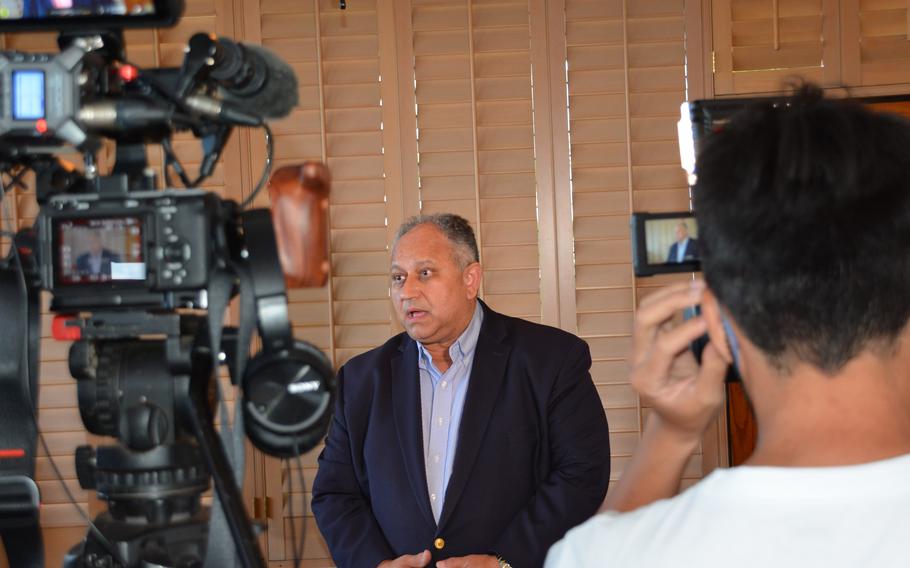 Secretary of the Navy Carlos Del Toro speaks with reporters July 17, 2022, at Joint Base Pearl Harbor-Hickam, Hawaii.