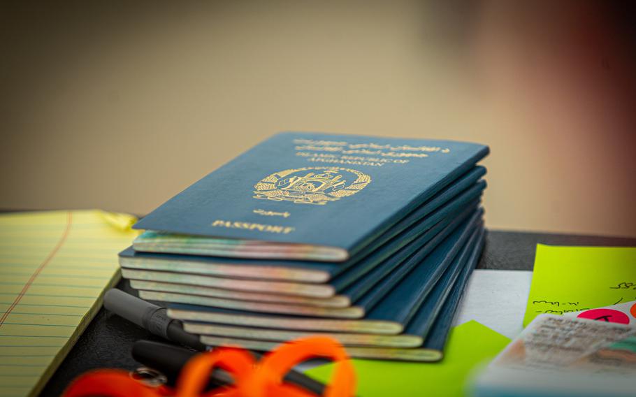 Afghan civilian passports await vetting at Marine Corps Base Quantico, Va., in 2021. The military created the Afghan Special Immigrant Visa support team to help Afghans who faced threats from the Taliban and others after working with the U.S.