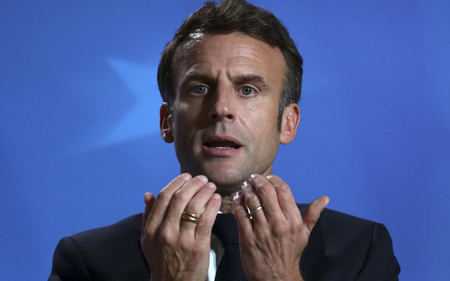 Emmanuel Macron, France’s president, speaks during a news conference following day two of the European Union leaders summit at the European Council headquarters in Brussels on Oct. 21, 2022.