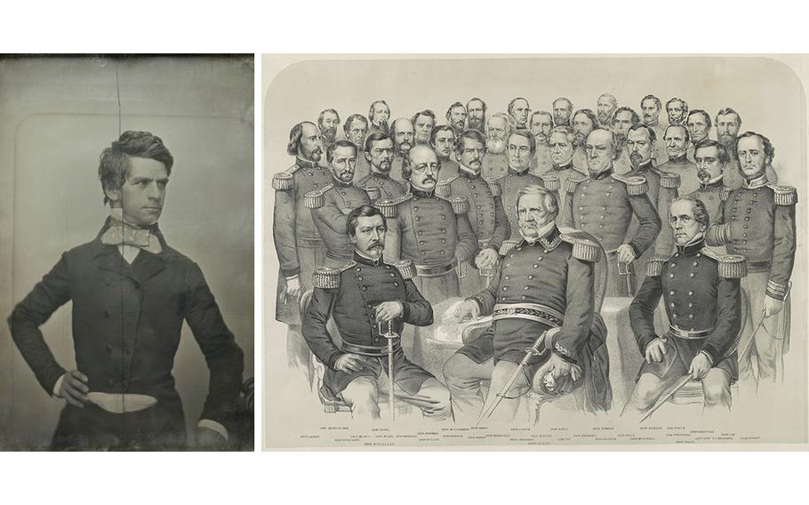At left, Massachusetts politician and Civil War general Nathaniel Prentice Banks as depicted in 1852. At right: The champions of the Union, a lithograph created by Currier & Ives in 1861, shows Banks among the front most standing figures, just left of the central seated figure, General Winfield Scott.