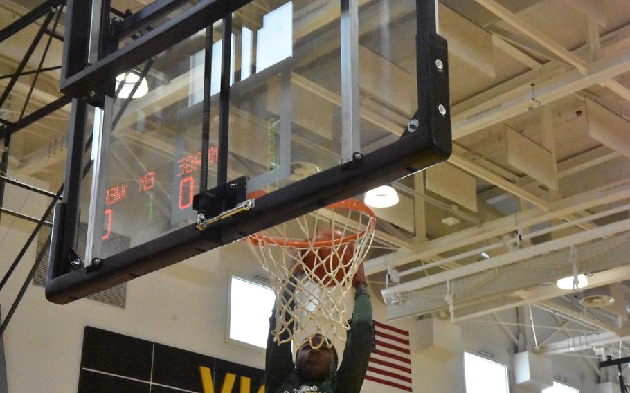 Naples’ VaNae Filer won the dunk competition at the DODEA-Europe Girls All-Star Basketball Game in Vicenza, Italy, on Saturday, Feb. 24, 2024.