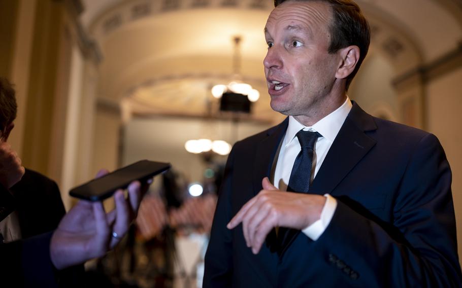 Sen. Chris Murphy, D-Conn., who has led the Democrats in bipartisan Senate talks to rein in gun violence, pauses for questions from reporters, at the Capitol in Washington, Wednesday, June 22, 2022. Senate bargainers reached agreement on a bipartisan gun violence bill yesterday, with Majority Leader Chuck Schumer predicting Senate approval later this week.