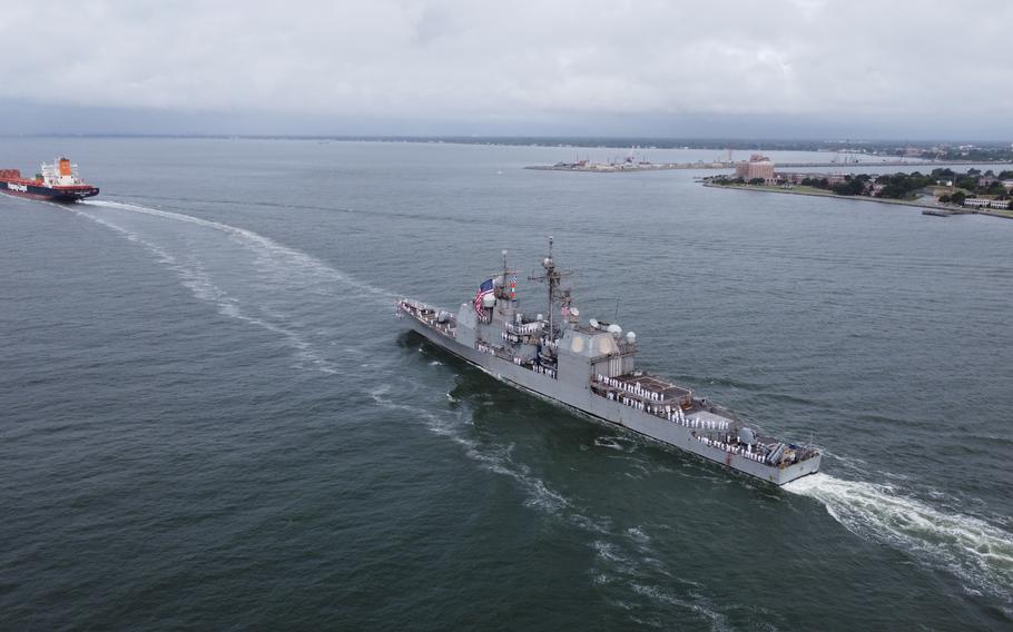 The Ticonderoga Class guided-missile cruiser USS Monterey (CG 61) transits Hampton Roads before returning to Naval Station Norfolk to end a nine-month deployment. 