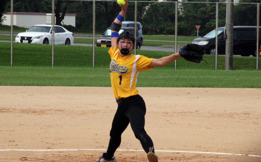 She's back! Thought to have been shelved for the season due to an elbow injury suffered during cheerleading in the winter, Kadena junior right-hander Julie Petruff made her first Far East Division I softball start Tuesday and got the win. The Panthers won all four of their round-robin games to earn a semifinal berth against Humphreys.