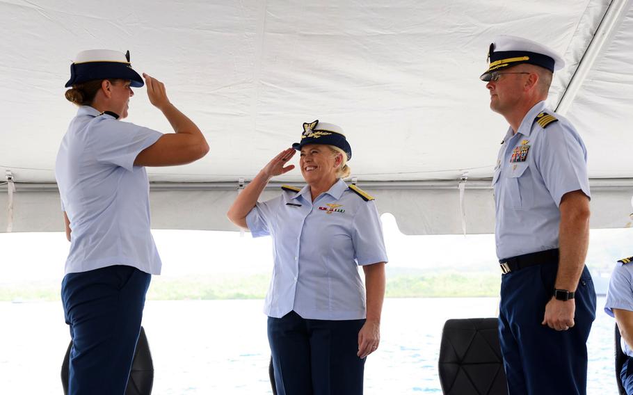 The U.S. Coast Guard stands up U.S. Coast Guard Base Guam with a ceremony there on Wednesday, Nov. 8, 2023. Pictured left to right are Cmdr. Dana Hiatt, who heads up the new base, Rear Adm. Carola List, commander of Operational Logistics Command, and Capt. Nicholas Simmons, leader of Coast Guard Forces Micronesia/Sector Guam.